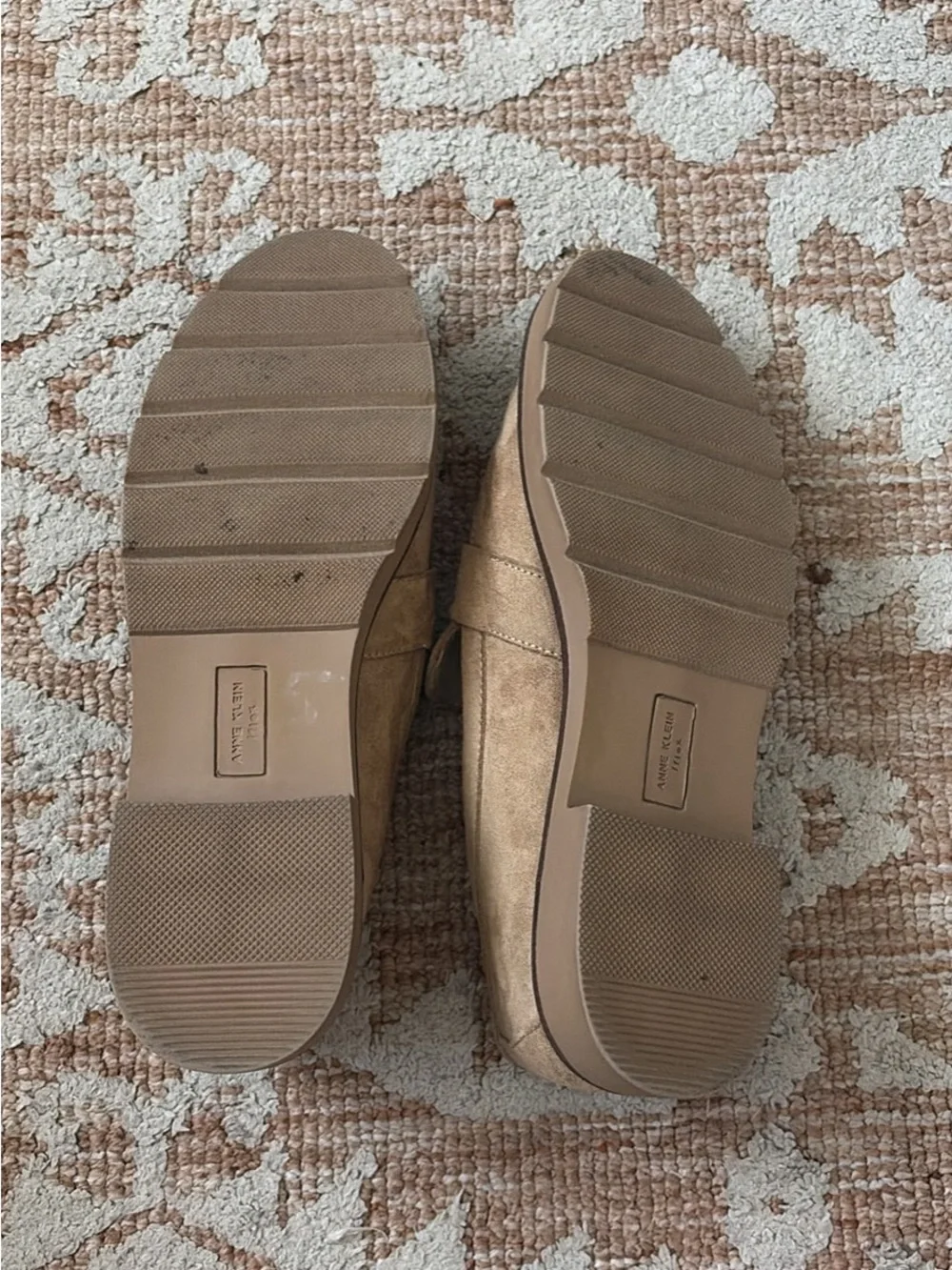 Anne Klein Tan Suede Loafers with Gold Hardware